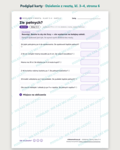 Dzielenie z resztą, klasy 3–4 — 10 kart pracy PDF z kluczem — podgląd karty, strona 6