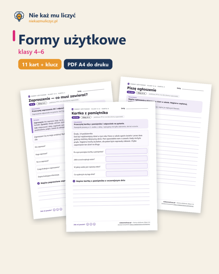 Formy użytkowe, klasy 4–6 — 11 kart pracy PDF z kluczem — okładka
