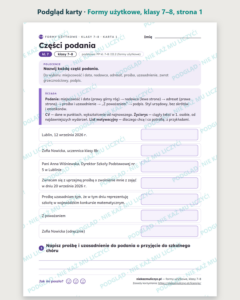 Formy użytkowe, klasy 7–8 — 11 kart pracy PDF z kluczem — podgląd karty, strona 1