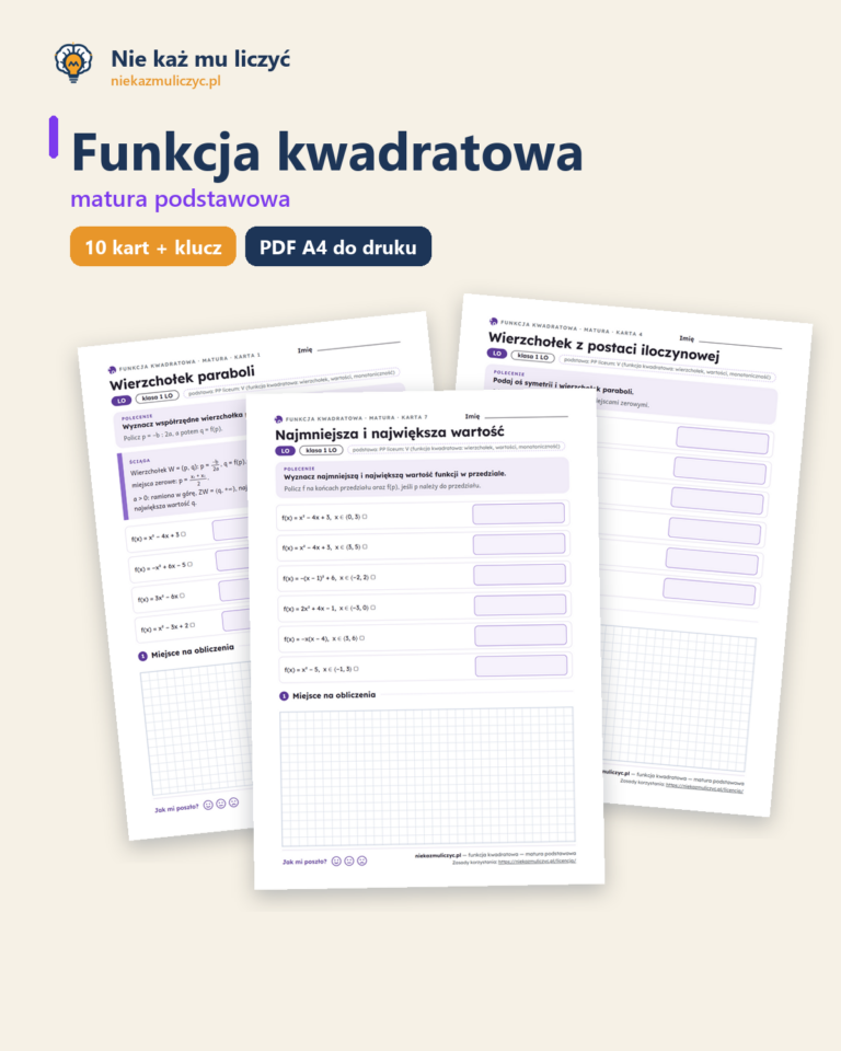 Funkcja kwadratowa, matura — 10 kart pracy PDF z kluczem — okładka