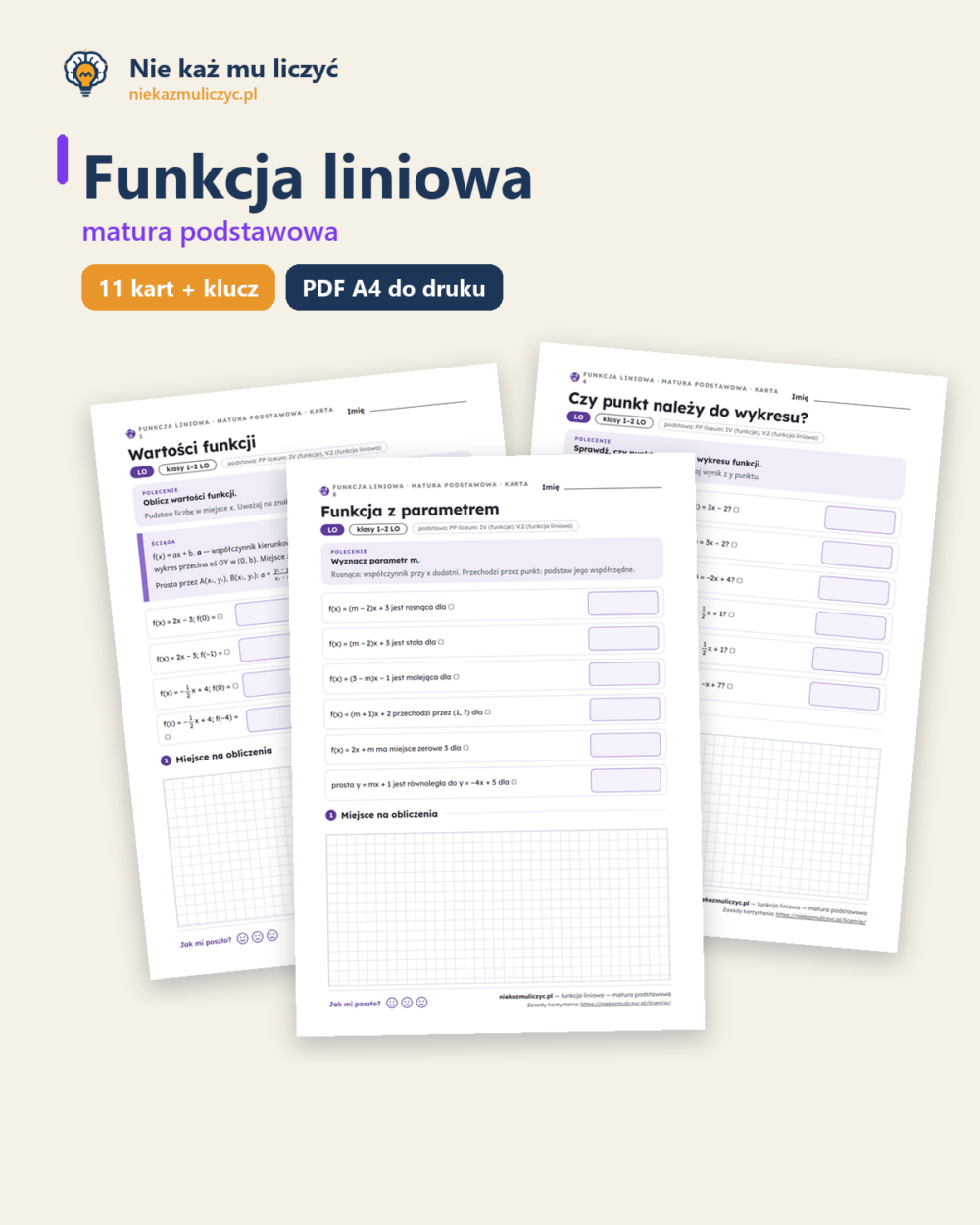 Funkcja liniowa, matura — 11 kart pracy PDF z kluczem — okładka
