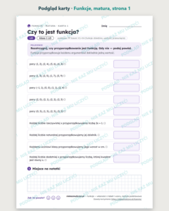 Funkcje, matura — 10 kart pracy PDF z kluczem — podgląd karty, strona 1