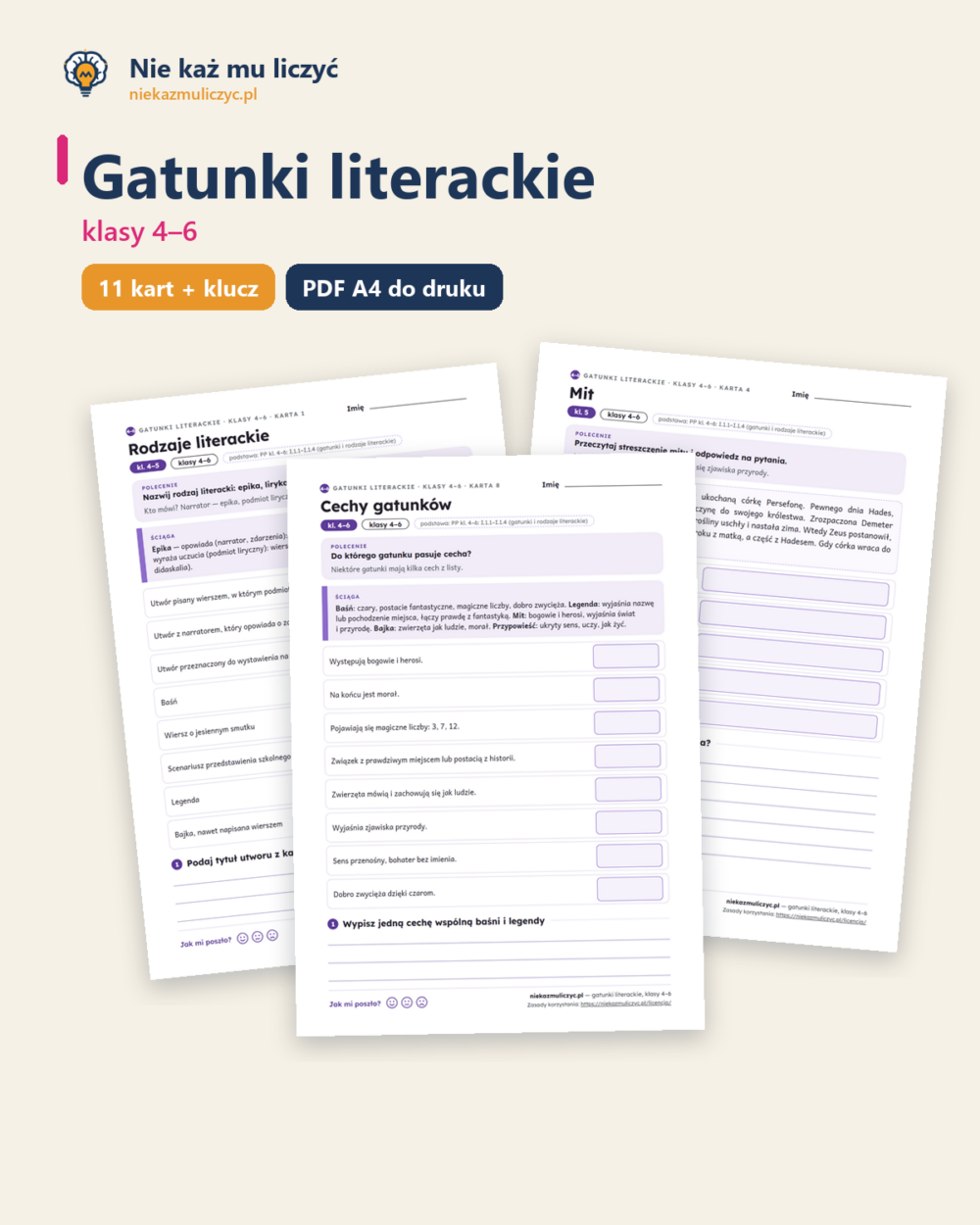 Gatunki literackie, klasy 4–6 — 11 kart pracy PDF z kluczem — okładka