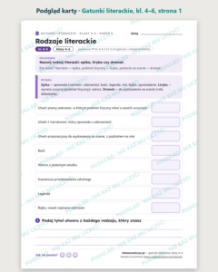 Gatunki literackie, klasy 4–6 — 11 kart pracy PDF z kluczem — podgląd karty, strona 1