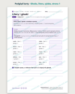 Głoska, litera, sylaba, klasy 4–5 — 11 kart pracy PDF z kluczem — podgląd karty, strona 1