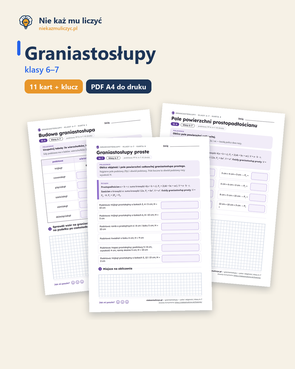 Graniastosłupy, klasy 6–7 — 11 kart pracy PDF z kluczem — okładka