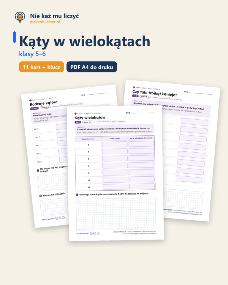 Kąty w wielokątach, klasy 5–6 — 11 kart pracy PDF z kluczem — okładka