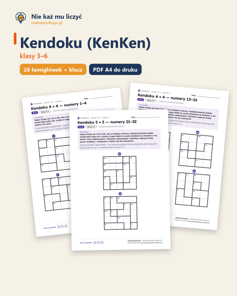 Kendoku (KenKen), klasy 3–6 — 28 łamigłówek PDF z kluczem — okładka