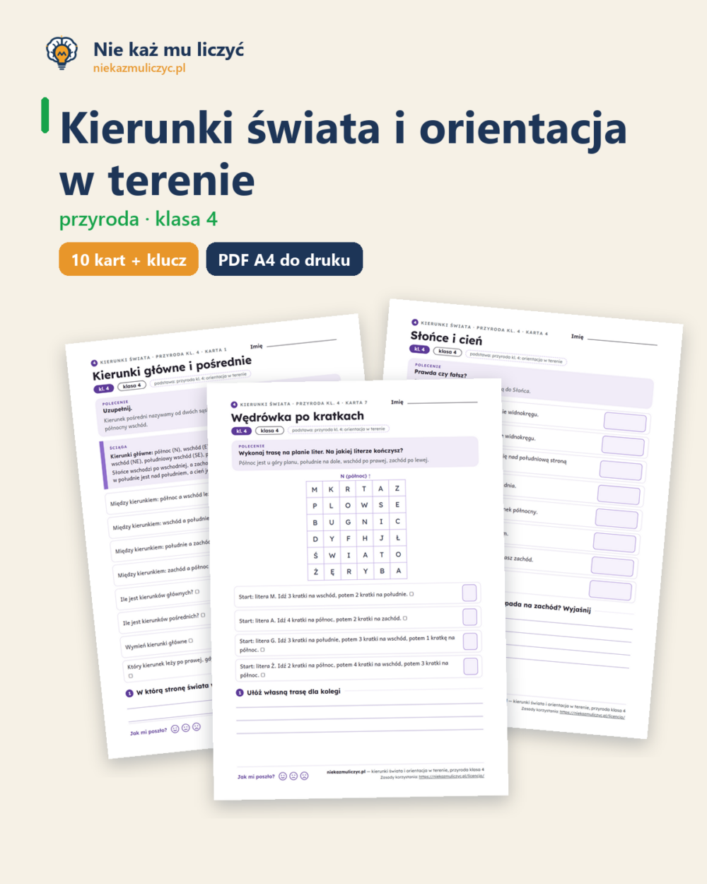 Kierunki świata i orientacja w terenie, klasa 4 — 10 kart z kluczem — okładka