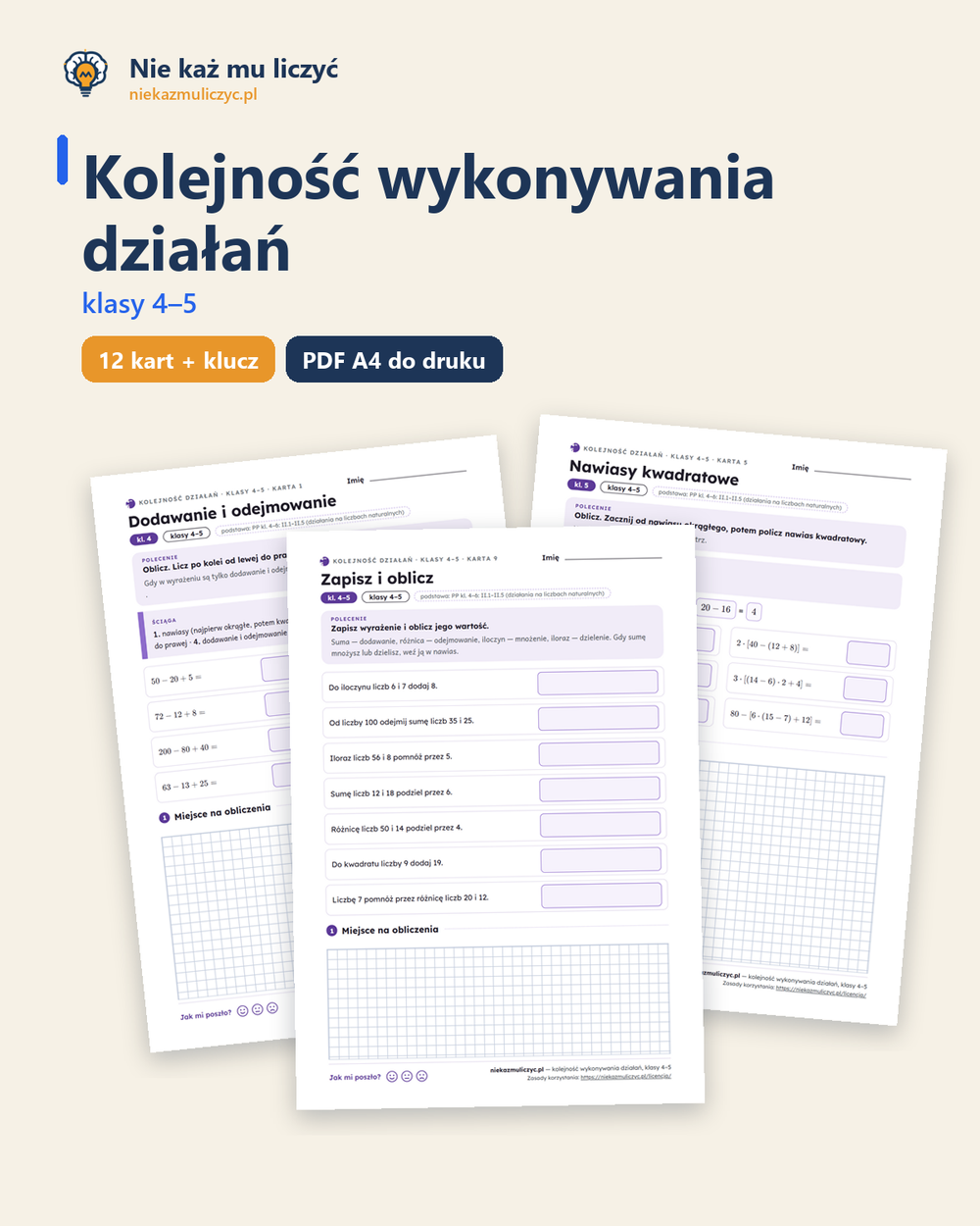 Kolejność wykonywania działań, klasy 4–5 — 12 kart pracy PDF z kluczem — okładka