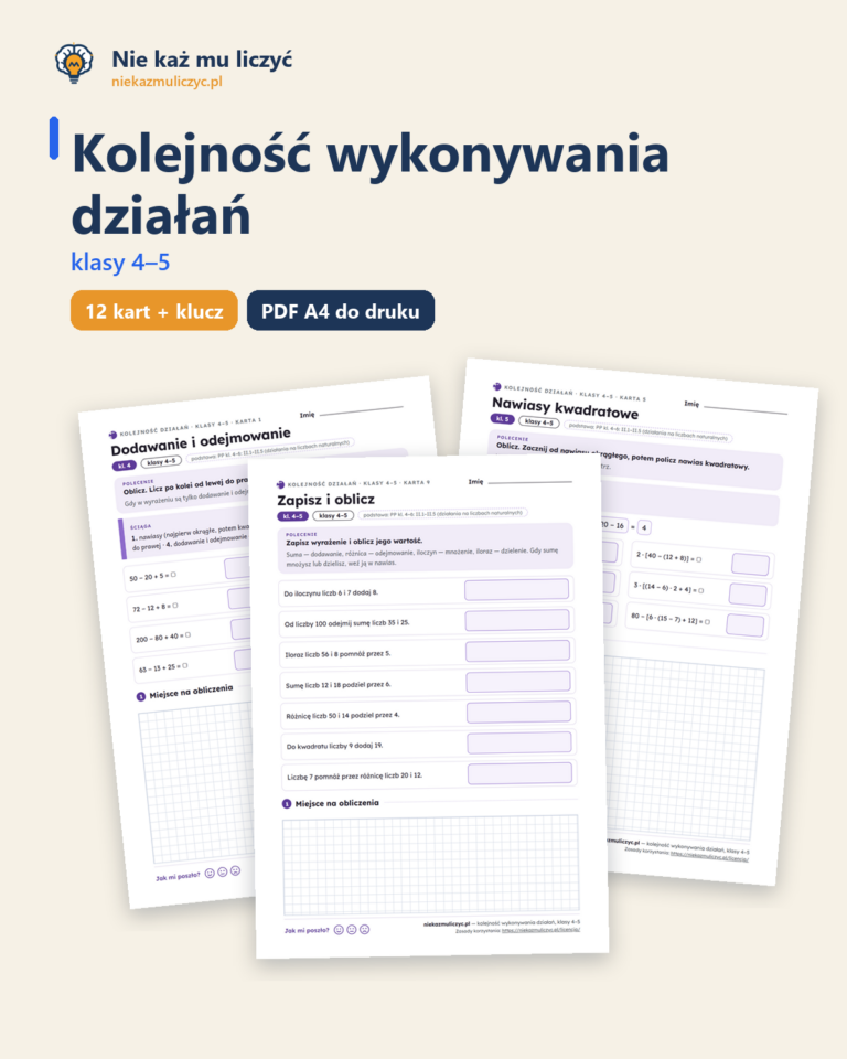 Kolejność wykonywania działań, klasy 4–5 — 12 kart pracy PDF z kluczem — okładka