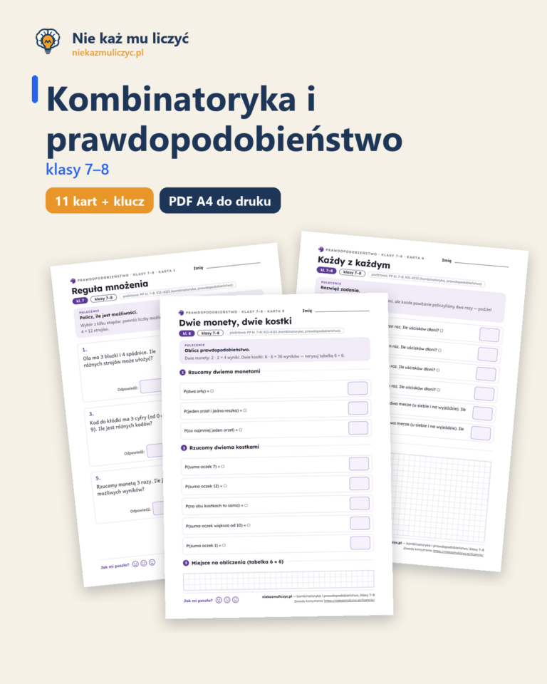 Kombinatoryka i prawdopodobieństwo, klasy 7–8 — 11 kart z kluczem — okładka