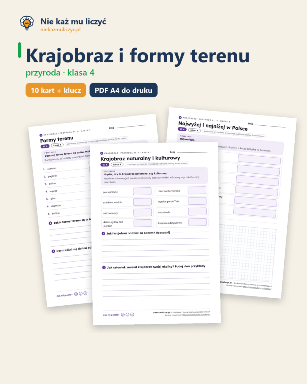 Krajobraz i formy terenu, przyroda klasa 4 — 10 kart pracy z kluczem — okładka