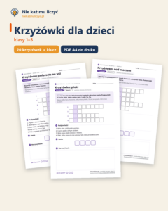 Krzyżówki dla dzieci, klasy 1–3 — 20 krzyżówek PDF z rozwiązaniami — okładka
