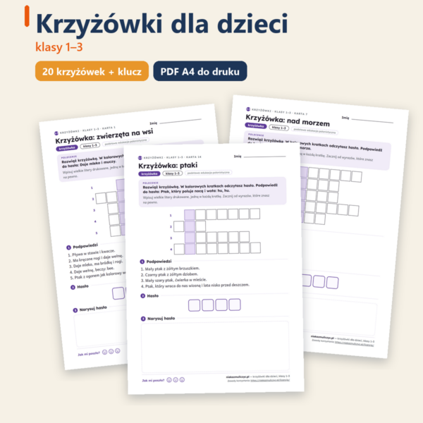 Krzyżówki dla dzieci, klasy 1–3 — 20 krzyżówek PDF z rozwiązaniami — okładka