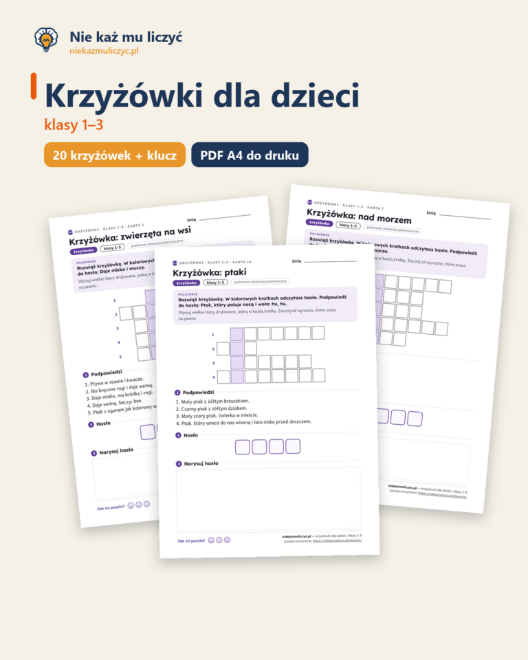 Krzyżówki dla dzieci, klasy 1–3 — 20 krzyżówek PDF z rozwiązaniami — okładka