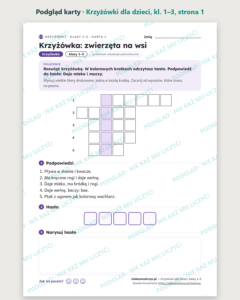 Krzyżówki dla dzieci, klasy 1–3 — 20 krzyżówek PDF z rozwiązaniami — podgląd karty, strona 1