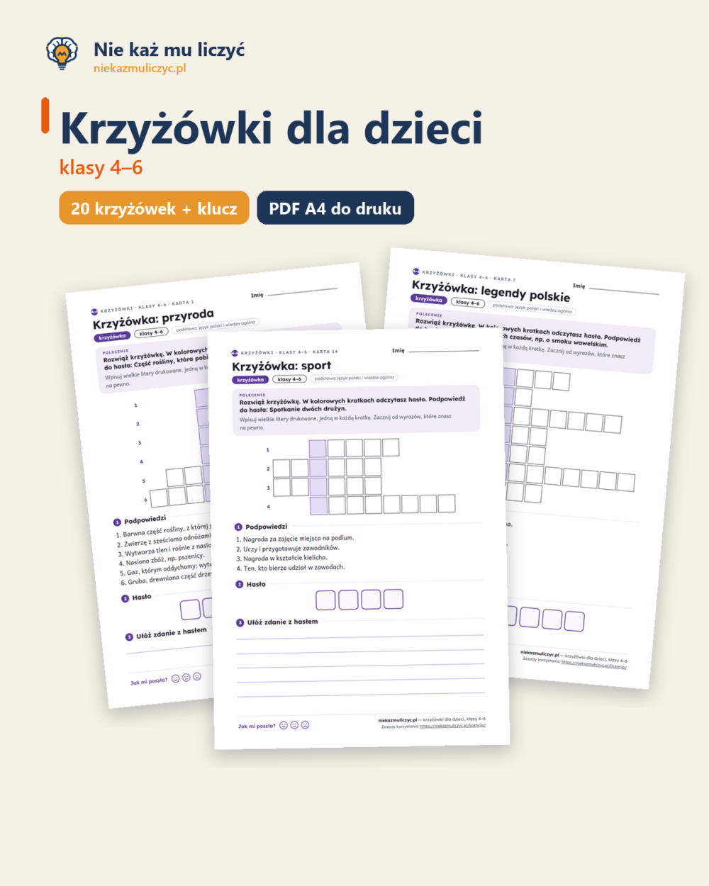 Krzyżówki dla dzieci, klasy 4–6 — 20 krzyżówek PDF z rozwiązaniami — okładka