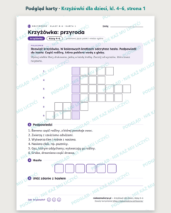 Krzyżówki dla dzieci, klasy 4–6 — 20 krzyżówek PDF z rozwiązaniami — podgląd karty, strona 1
