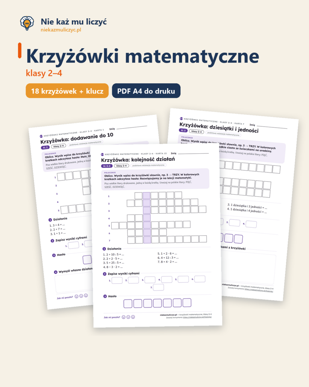 Krzyżówki matematyczne, klasy 2–4 — 18 krzyżówek PDF z kluczem — okładka