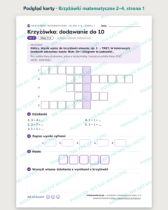 Krzyżówki matematyczne, klasy 2–4 — 18 krzyżówek PDF z kluczem — podgląd karty, strona 1