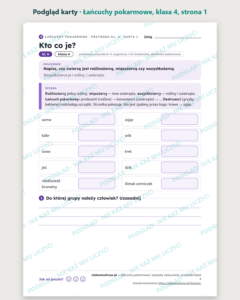 Łańcuchy pokarmowe, przyroda klasa 4 — 10 kart pracy PDF z kluczem — podgląd karty, strona 1