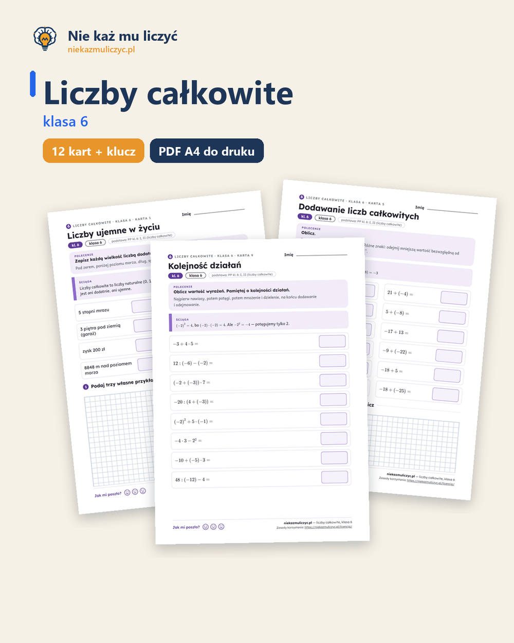 Liczby całkowite, klasa 6 — 12 kart pracy PDF z kluczem — okładka