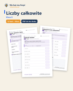 Liczby całkowite, klasa 6 — 12 kart pracy PDF z kluczem — okładka