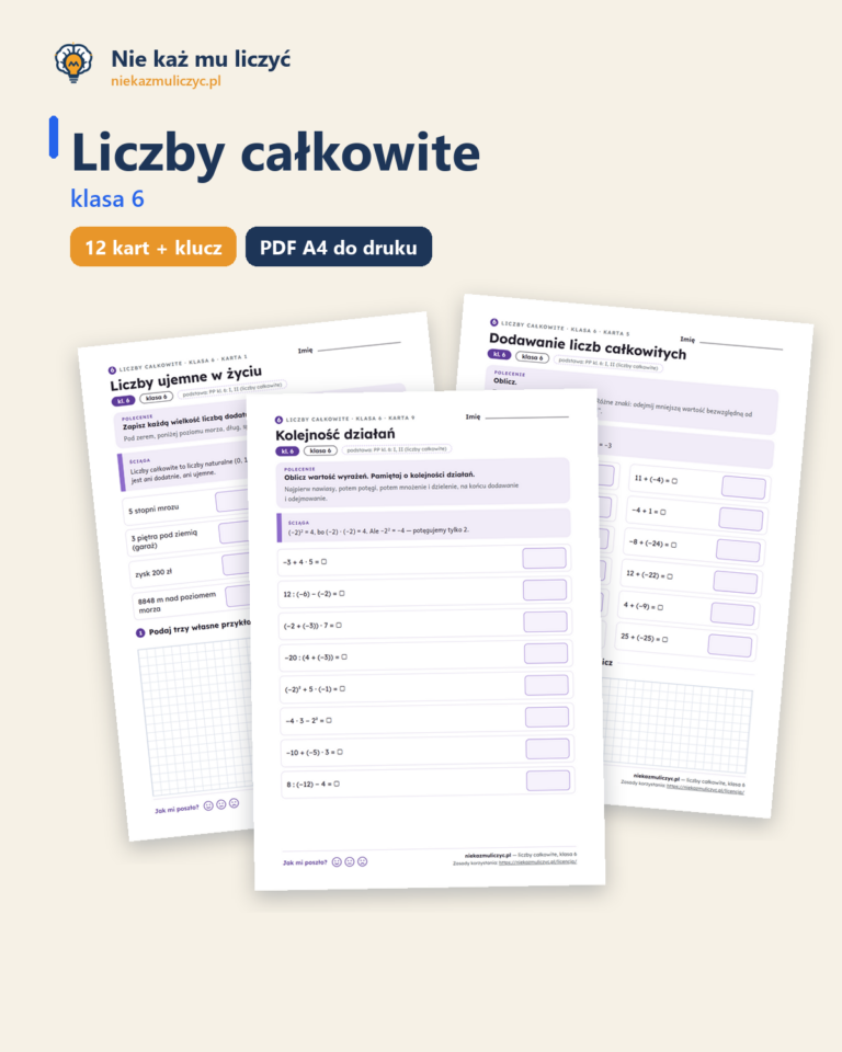 Liczby całkowite, klasa 6 — 12 kart pracy PDF z kluczem — okładka