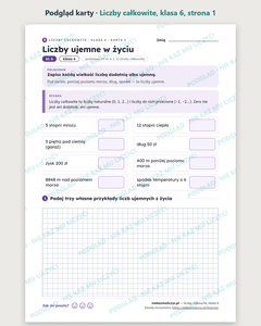 Liczby całkowite, klasa 6 — 12 kart pracy PDF z kluczem — podgląd karty, strona 1