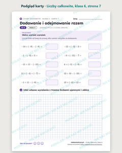 Liczby całkowite, klasa 6 — 12 kart pracy PDF z kluczem — podgląd karty, strona 7