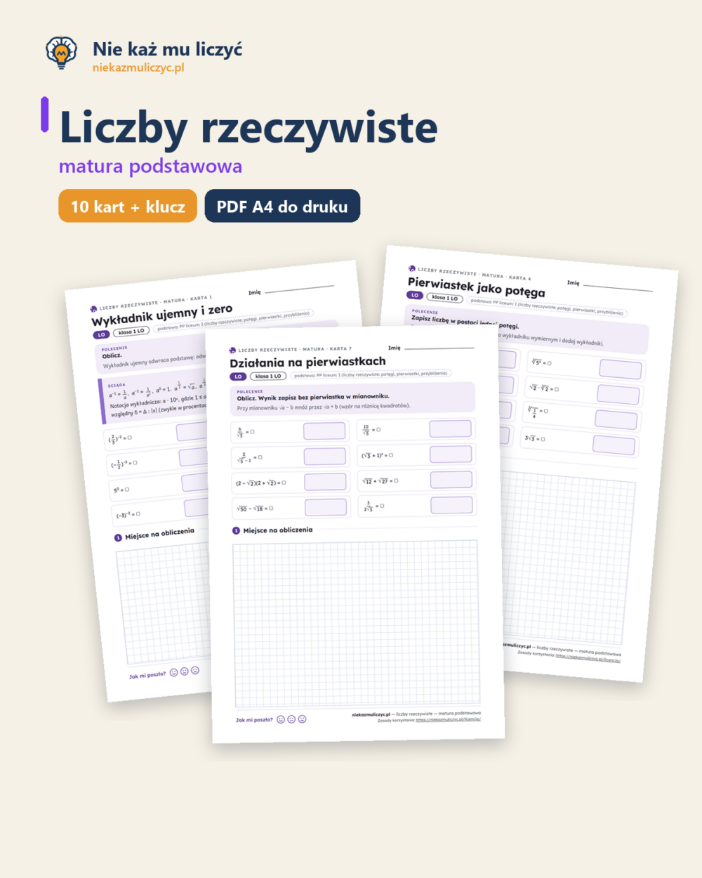 Liczby rzeczywiste, matura — 10 kart pracy PDF z kluczem — okładka
