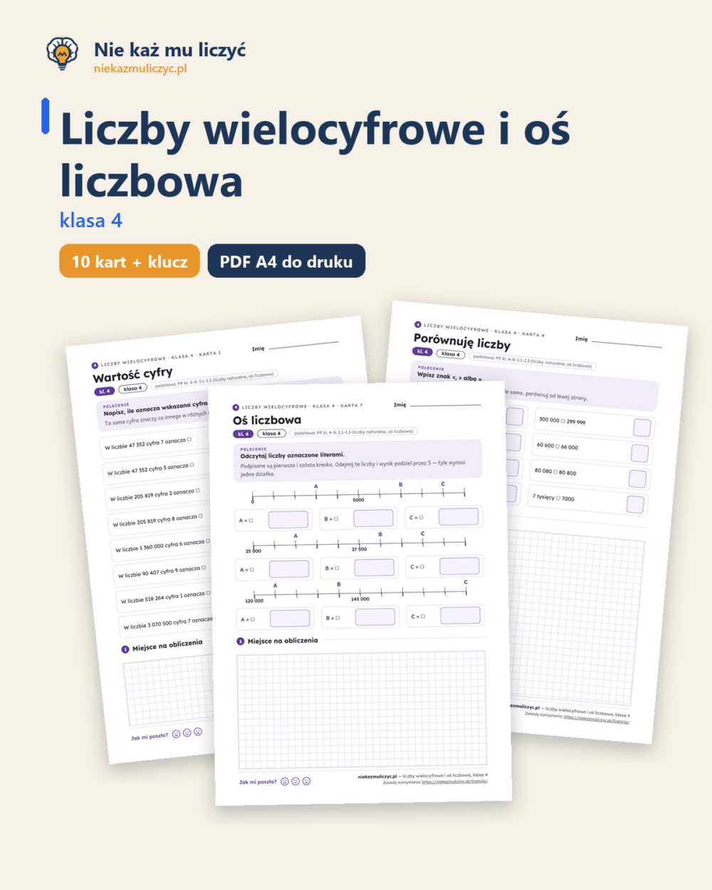 Liczby wielocyfrowe i oś liczbowa, klasa 4 — 10 kart pracy z kluczem — okładka