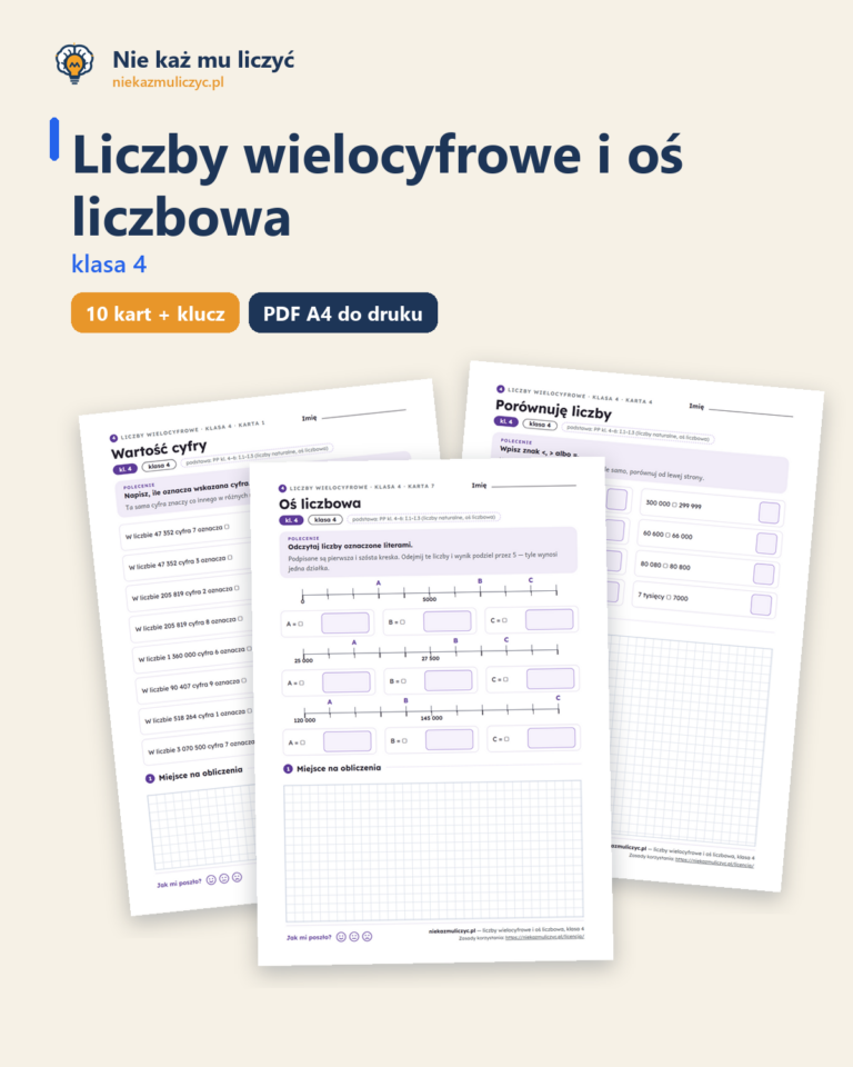 Liczby wielocyfrowe i oś liczbowa, klasa 4 — 10 kart pracy z kluczem — okładka