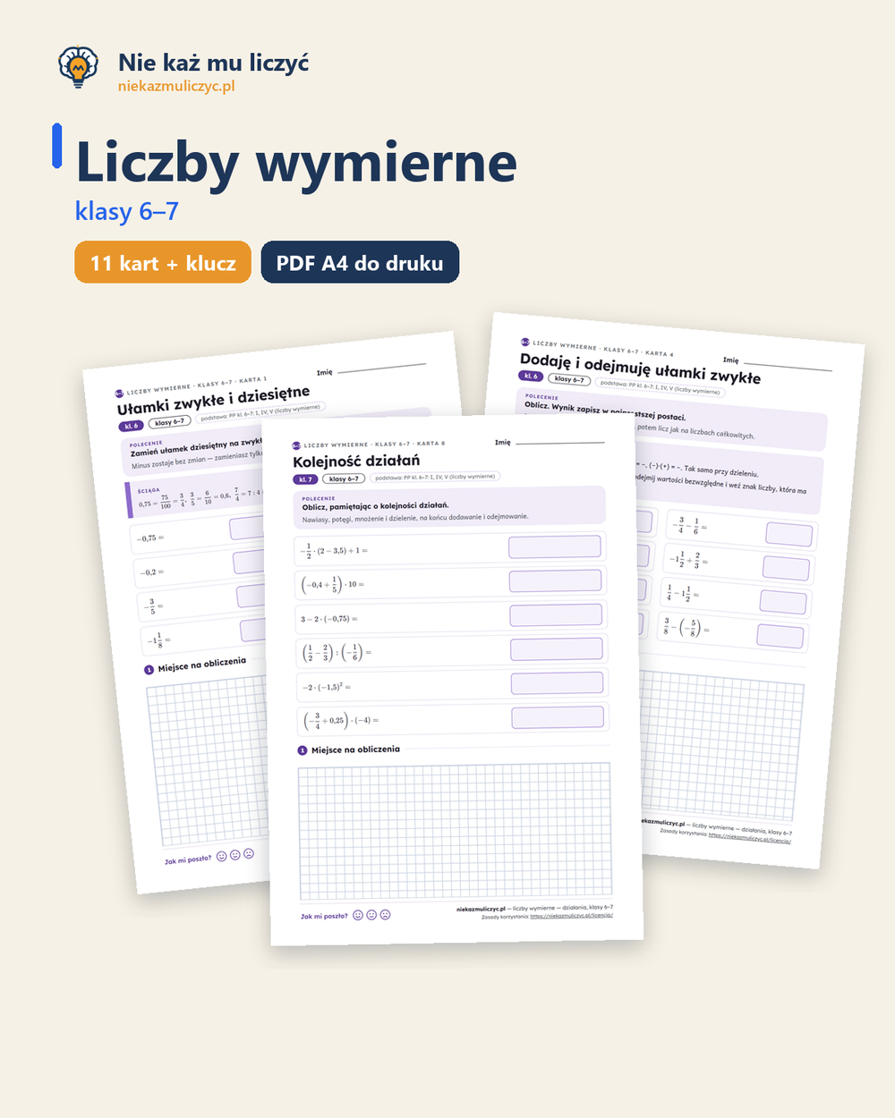 Liczby wymierne, klasy 6–7 — 11 kart pracy PDF z kluczem — okładka