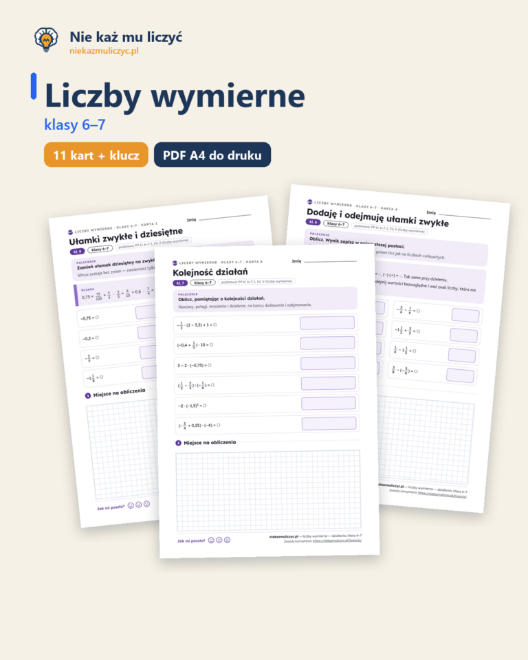 Liczby wymierne, klasy 6–7 — 11 kart pracy PDF z kluczem — okładka