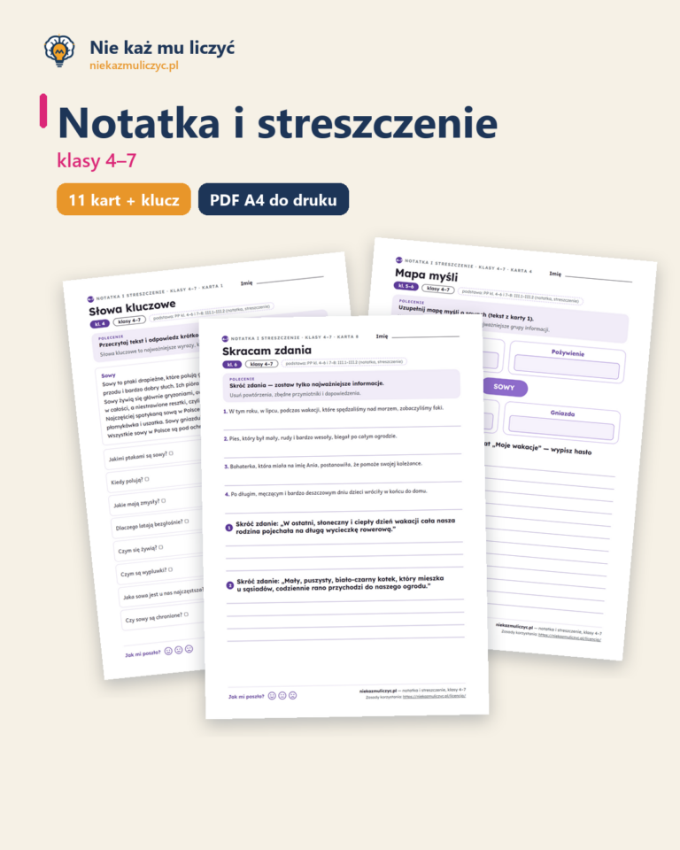 Pierwsza strona: Notatka i streszczenie, klasy 4–7 — 11 kart pracy PDF z kluczem