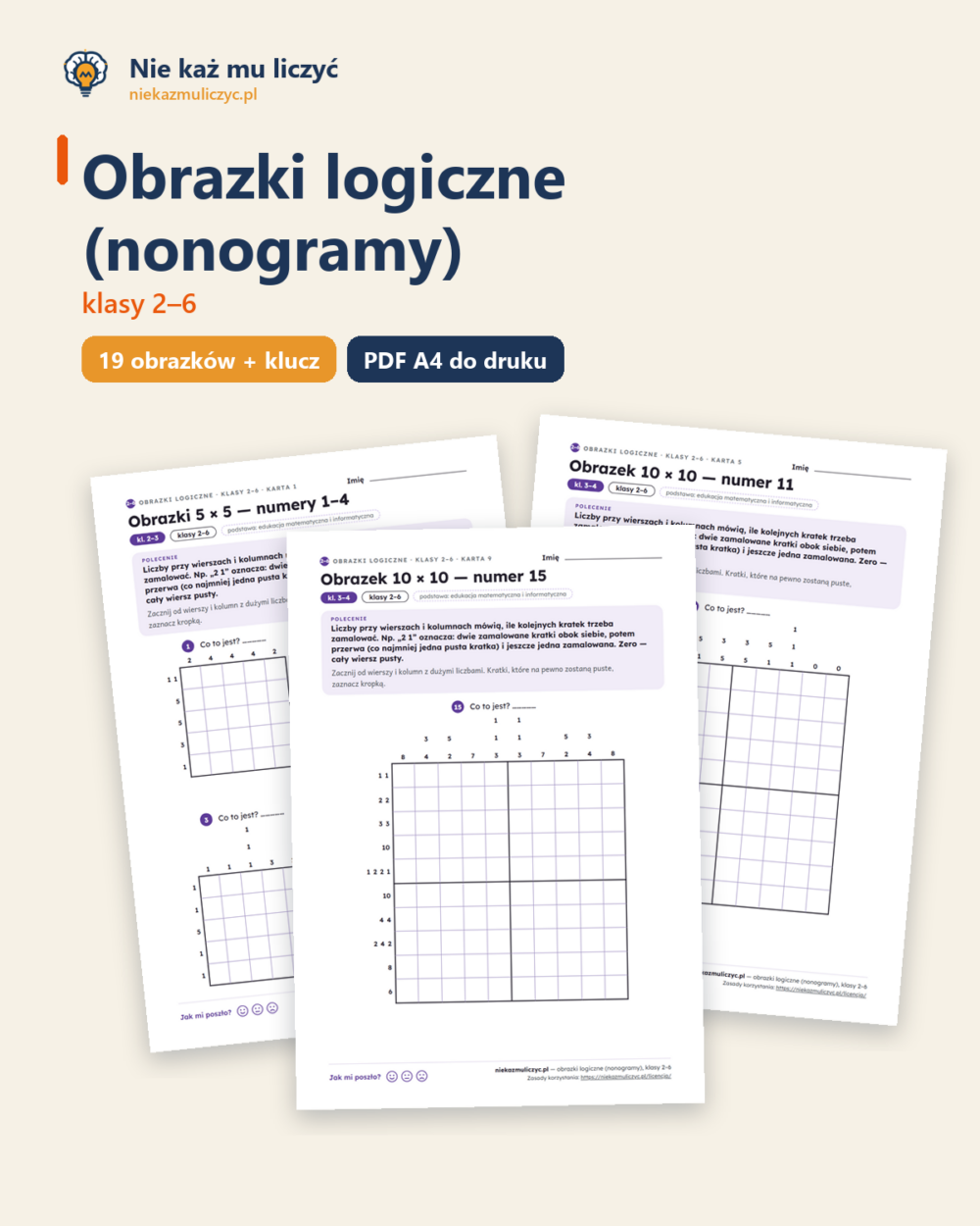 Obrazki logiczne (nonogramy), klasy 2–6 — 19 łamigłówek PDF z kluczem — okładka