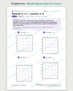 Obrazki logiczne (nonogramy), klasy 2–6 — 19 łamigłówek PDF z kluczem — podgląd karty, strona 1