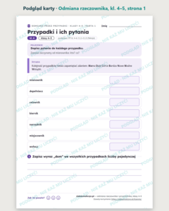 Odmiana rzeczownika i przymiotnika, klasy 4–5 — 12 kart z kluczem — podgląd karty, strona 1
