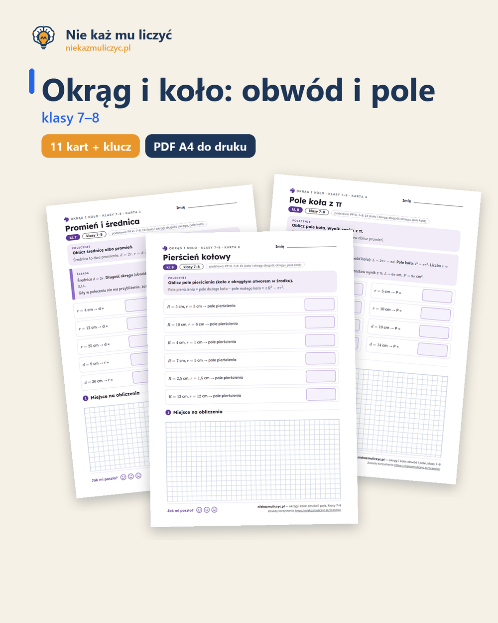 Okrąg i koło: obwód i pole, klasy 7–8 — 11 kart pracy PDF z kluczem — okładka