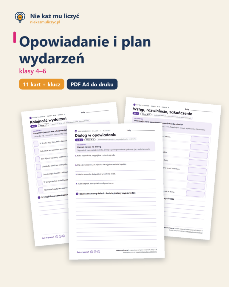 Opowiadanie i plan wydarzeń, klasy 4–6 — 11 kart pracy PDF z kluczem — okładka