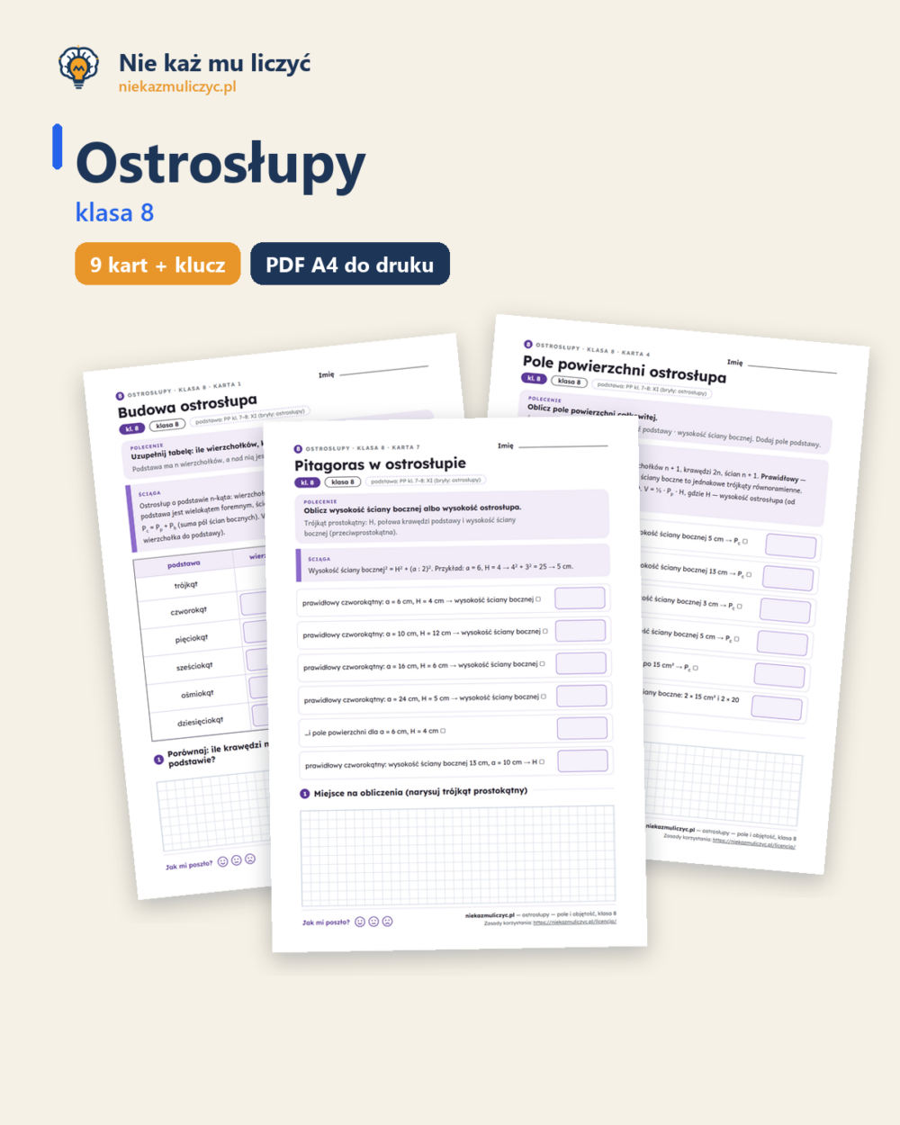 Ostrosłupy, klasa 8 — 9 kart pracy PDF z kluczem — okładka
