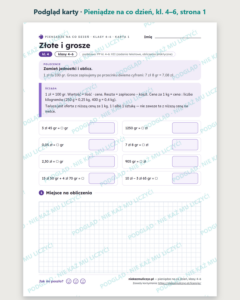 Pieniądze na co dzień, klasy 4–6 — 10 kart pracy PDF z kluczem — podgląd karty, strona 1