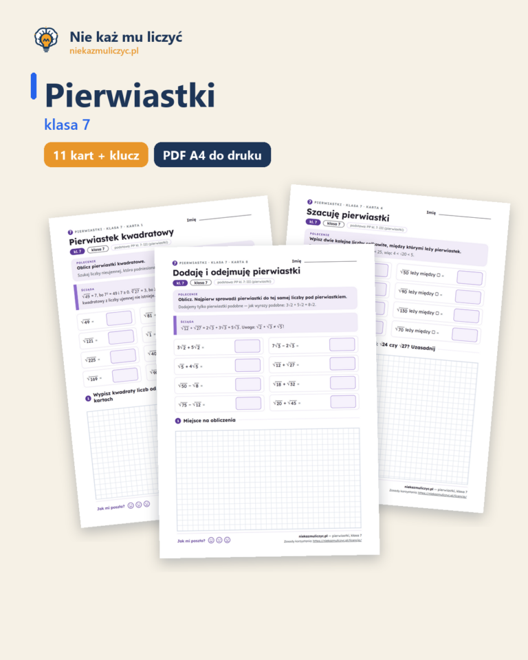 Pierwiastki, klasa 7 — 11 kart pracy PDF z kluczem — okładka