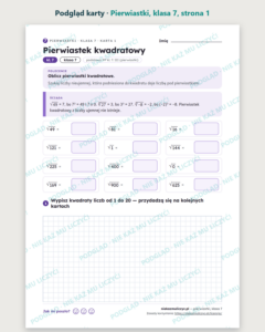 Pierwiastki, klasa 7 — 11 kart pracy PDF z kluczem — podgląd karty, strona 1