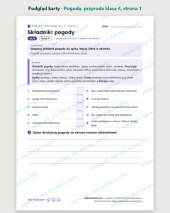 Pogoda i jej składniki, przyroda klasa 4 — 10 kart pracy PDF z kluczem — podgląd karty, strona 1