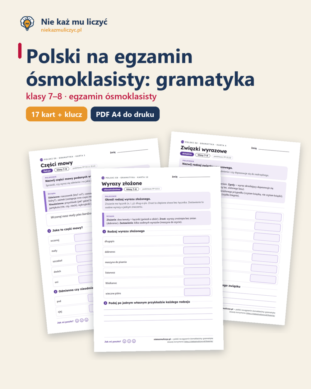 Polski na egzamin ósmoklasisty: gramatyka — 17 kart PDF z kluczem — okładka