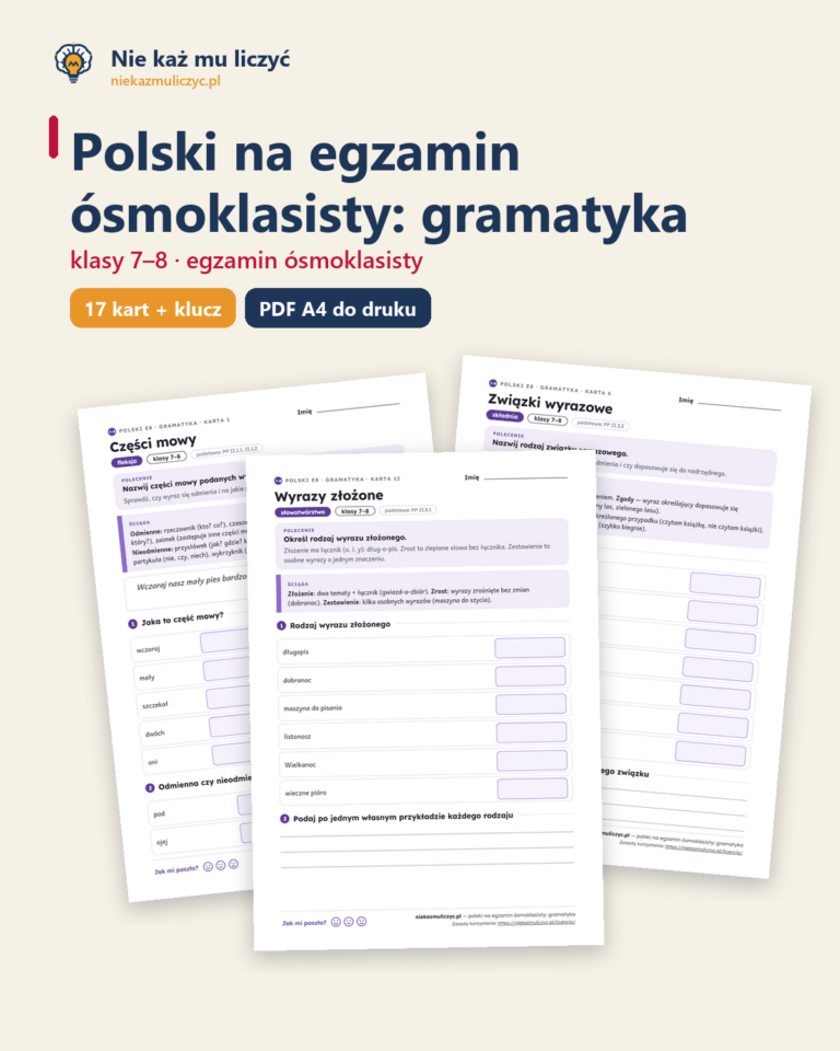 Polski na egzamin ósmoklasisty: gramatyka — 17 kart PDF z kluczem — okładka