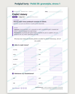 Polski na egzamin ósmoklasisty: gramatyka — 17 kart PDF z kluczem — podgląd karty, strona 1